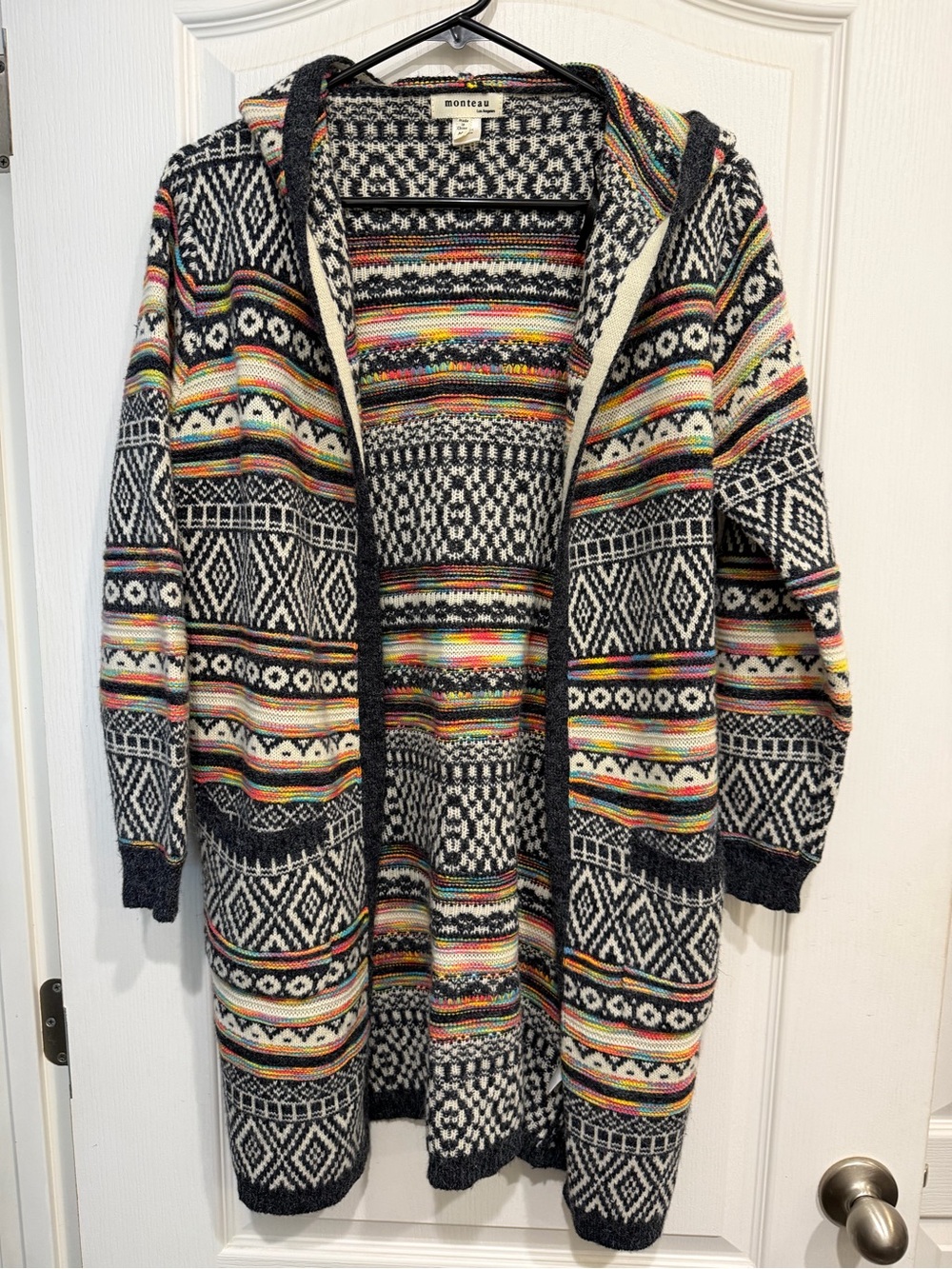 Monteau Black & White Patterned Hooded Cardigan with Multicolor Stripes